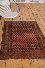Vintage Hamadan rug detail: cranberry blush boteh pattern, ornate border, and tattered left edge.