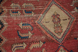 Distressed cinnabar red vintage Malayer rug with isolated Herati motif in beige and blue.