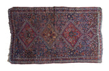 Antique Fine Qashqai rug with triple diamond medallions and madder red, indigo field. Circa 1900.