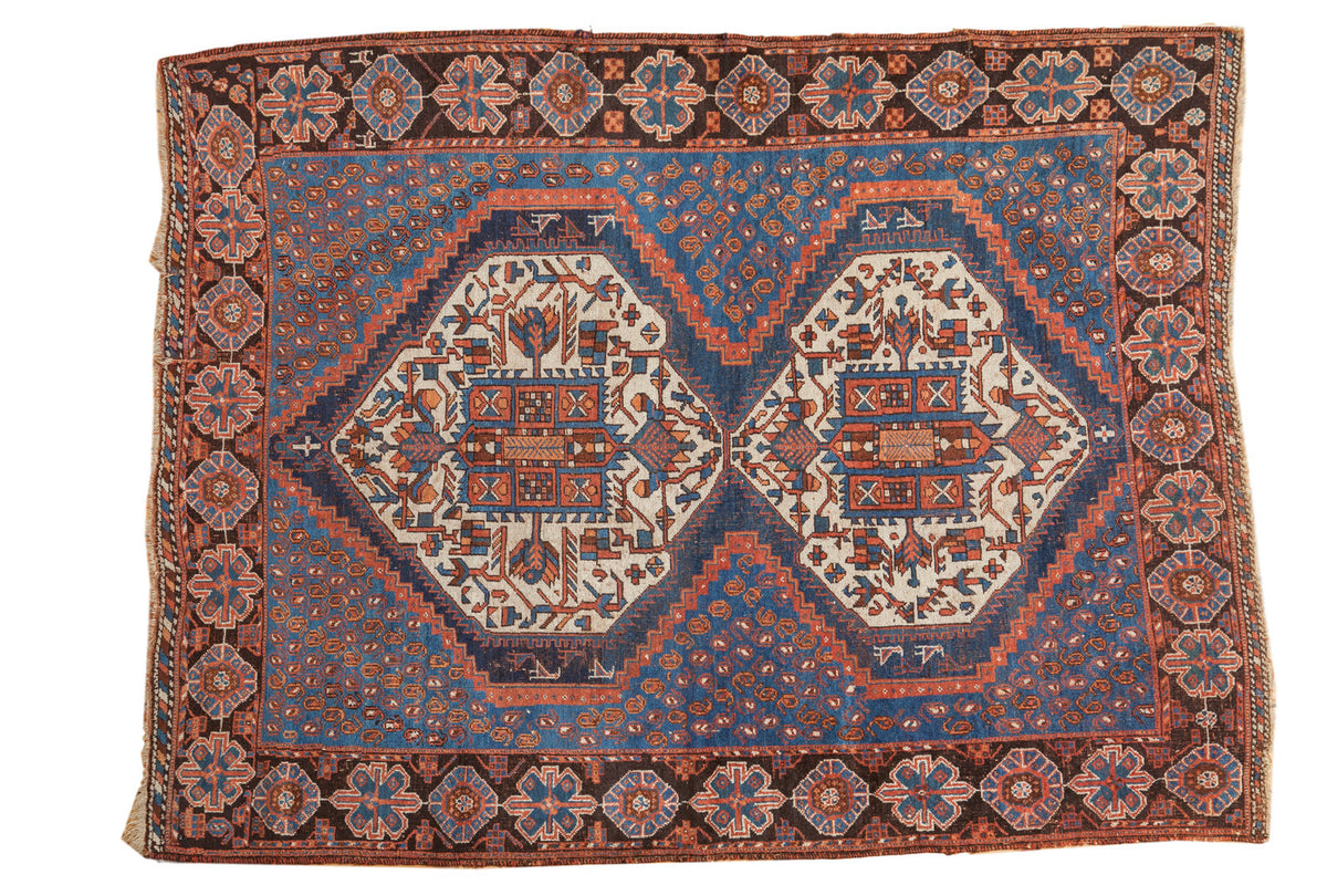 4.5x6 Vintage Afshar rug, double medallions, repeating boteh motifs, blue, rust, ivory.