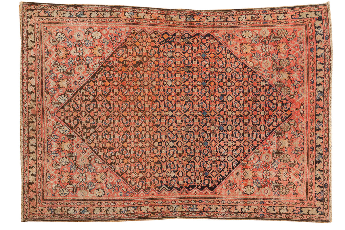 Antique Malayer rug with allover repeating Herati motif, blush red, indigo, tangerine, 4'4" x 6'1".