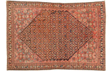 Antique Malayer rug with allover repeating Herati motif, blush red, indigo, tangerine, 4'4