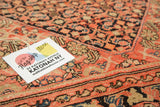 Antique Malayer rug with blush red Herati pattern, indigo, beige, showing even wear.