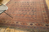 Tattered end and tribal patterned border of an antique Afshar carpet with even distress.
