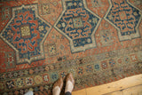 Antique Soumac carpet border, featuring geometric pomegranate motifs and time-softened texture.