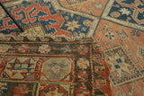 Tattered edge detail of antique Soumac carpet, with hand-woven flatweave and bold colors.