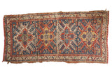 Antique Persian Soumac runner, vibrant navy, red, saffron geometric eagle medallions, overall wear. 5'3