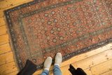 Antique Hamadan runner field with repeating germinating floral in terra cotta and teal.
