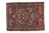 Vintage Lilihan rug, central indigo blue floral medallion, red oversized palmettes, 2'11