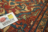 Vintage Persian Lilihan rug detail: indigo, wine red floral palmettes and ONH brand tag.