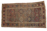 Vintage Kurdish rug, distressed geometric gul in madder red, navy, brown, 3'9