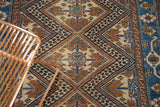 Intricate geometric Caucasian Hamadan pattern with bronze, navy blue, sky blue, and sand.