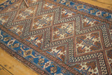 Hamadan rug corner: geometric earthen patterns, watery blue border, light tatter evident.