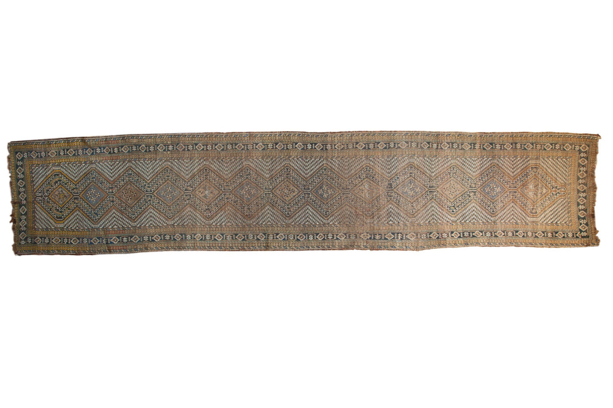 Unusually long vintage Persian Afshar runner, geometric medallion design in navy, dark gold, ivory, 3x15 feet.