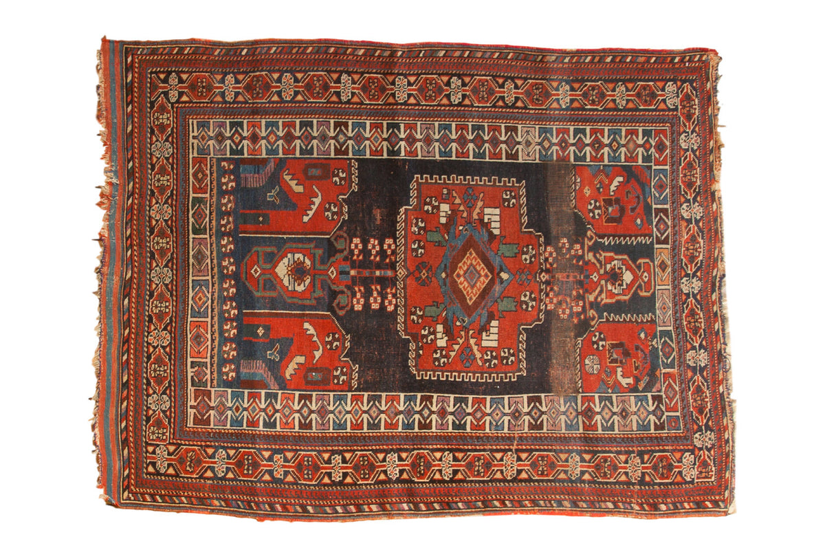 Antique Kamseh rug, elongated medallion, tree of life design, navy, madder red, 4'1" x 5'5".