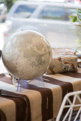 Close-up of the vintage Moon Globe, detailed gray lunar cartography with named features.
