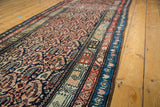 Vintage Malayer rug runner with indigo and rust paisley boteh and geometric blue borders.
