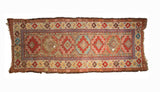 Antique Caucasian runner, primitive geometric gul panels, Laleh Abassi borders, red, sky blue.