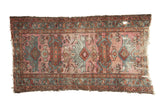 Vintage Persian Mehriban rug, oversized geometric patterns, dusty magenta, terra cotta, sky blue.