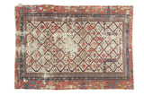 Antique Fragmented Dagestan Prayer Square rug; ivory field, ruby red, navy geometric lattice motifs.