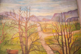 Folk art painting close-up: brown cow and bare tree on green ground.