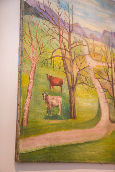 Antique Farm Mountainside Folk Art Painting // ONH Item 3694 Image 4