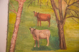 Reddish-brown and beige cows in a green field, depicted in folk art style.