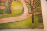 Antique folk art painting's lower right corner, showing winding path, green fields, and rustic edge.
