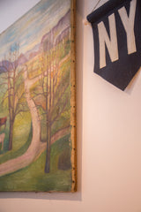 Close-up of antique folk art painting's tacked side edge, bare trees, green landscape.