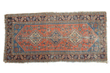 Vintage hand knotted Persian Heriz runner with terra cotta and sapphire blue, worn edges, 3x6.