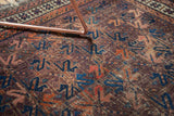 Detail of antique Belouch rug's storied field: geometric motifs in aubergine, blue, and terra cotta tones.