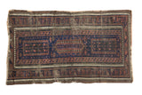 Antique Belouch rug runner with indigo blue triple panel and Laleh Abbasi geometric motifs.