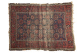 Antique Persian Belouch rug, allover floral lattice field, indigo and wine tones, visible foundation, 4x5.4 ft.
