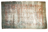 Vintage Mahal carpet, allover faded vinery and flowers, distressed blush red, sea foam, and silver tones.