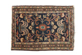 Vintage Persian Fine Hamadan rug: cobalt blue ground, scalloped roundel, floral vinery.