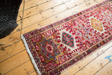 Vintage Karaja runner end, showing geometric floral patterns and multi-colored fringe.