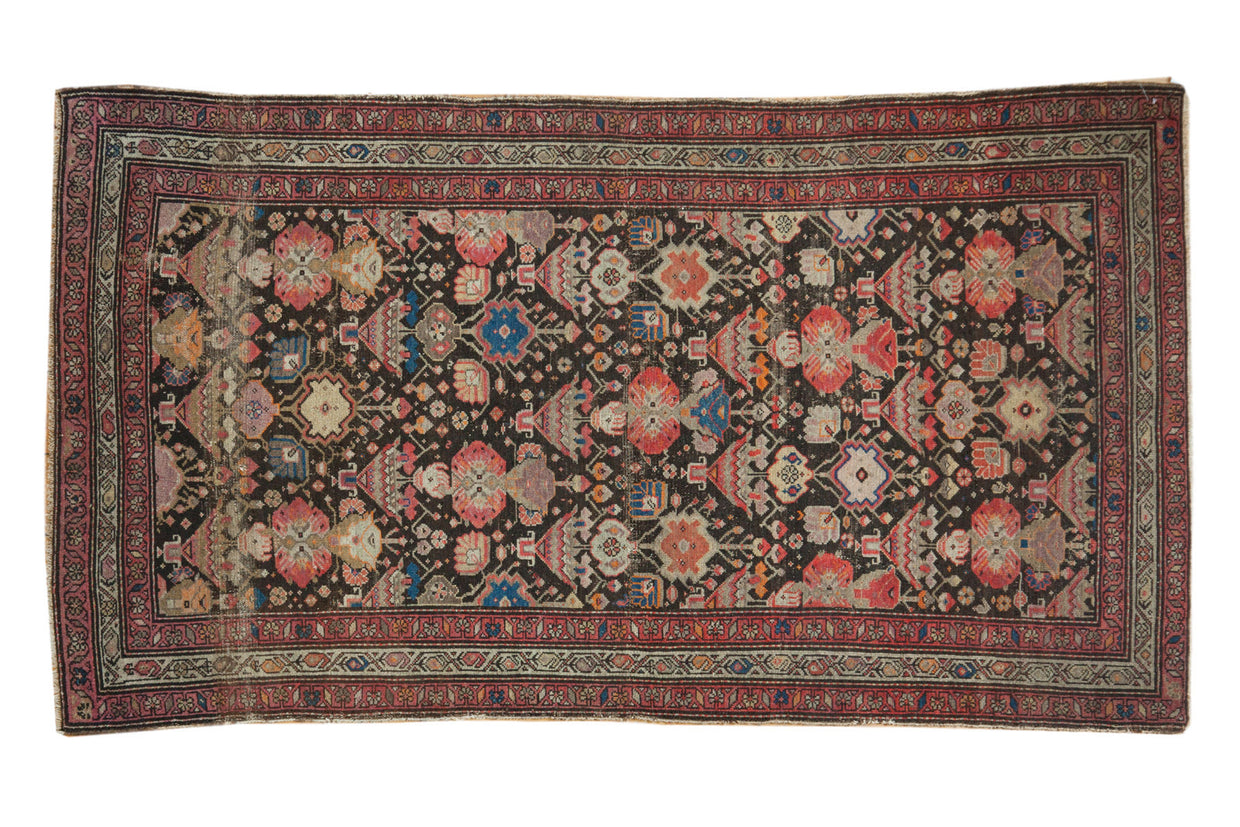 Antique Malayer rug, charcoal field, ornate tree of life, potted plants, and mir boteh border. 3'7