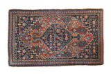 Vintage Fine Senneh rug, Herati diamond medallion in indigo, brick rust, sky blue, 1'11