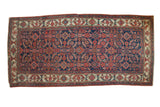 Antique Hamadan runner, dark indigo field, allover Herati pattern, stylized animals, blush, ivory tones.