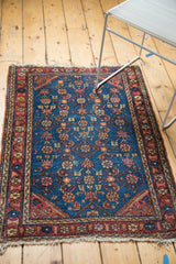 Vintage Hamadan rug corner shows watery blue Herati field, terra cotta border, and aged fringe.