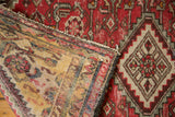 Hand-knotted Vintage Hamadan rug, red geometric pile and woven reverse side.