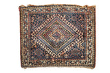 Antique Persian Jaff Kurd rug mat, navy, sky blue, saffron concentric diamond and hook motifs. 1'8