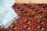 Vintage Turkmen rug detail: rich brick red, dark navy, ivory geometric guls and fringe.