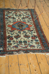 Visible tattered natural fiber ends and a worn brick red border detail.