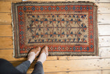 Antique Belouch camel hair rug displays tree of life design, barber pole turns, and splayed florals.