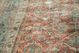 Vintage Mahal carpet pile shows ruby red, sky blue florals, delicate abrashes, and etching.