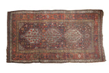 Vintage Qashqai carpet, triple medallion, stylized pomegranate trees, deep red, indigo blue, 5' x 9'.