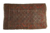 Vintage Persian Belouch rug, madder red and charcoal lattice field, meandering vine border, 2'10