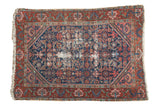 North West Persian vintage rug with distressed navy Herati design and brick red samovar border. 3'4