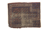 Antique Belouch prayer rug, unidirectional floral design in indigo, brown, blush, with exposed foundation.